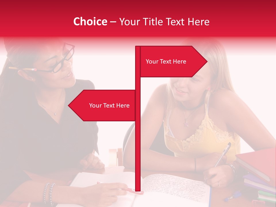 August Means Back To School, Teacher And Student Share Some One On One Instruction Time In A Classroom Environment Isolated Over White. PowerPoint Template