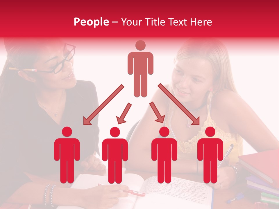 August Means Back To School, Teacher And Student Share Some One On One Instruction Time In A Classroom Environment Isolated Over White. PowerPoint Template