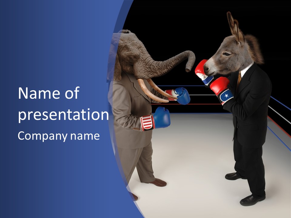 Us Republican And Democrat Mascots Represented By A Donkey And An Elephant Face Off In A Boxing Ring In Business Suits With Red White And Blue Boxing Gloves. PowerPoint Template