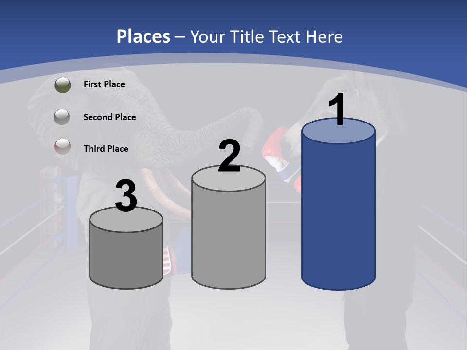 Us Republican And Democrat Mascots Represented By A Donkey And An Elephant Face Off In A Boxing Ring In Business Suits With Red White And Blue Boxing Gloves. PowerPoint Template