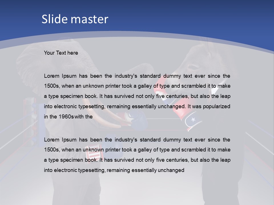 Us Republican And Democrat Mascots Represented By A Donkey And An Elephant Face Off In A Boxing Ring In Business Suits With Red White And Blue Boxing Gloves. PowerPoint Template