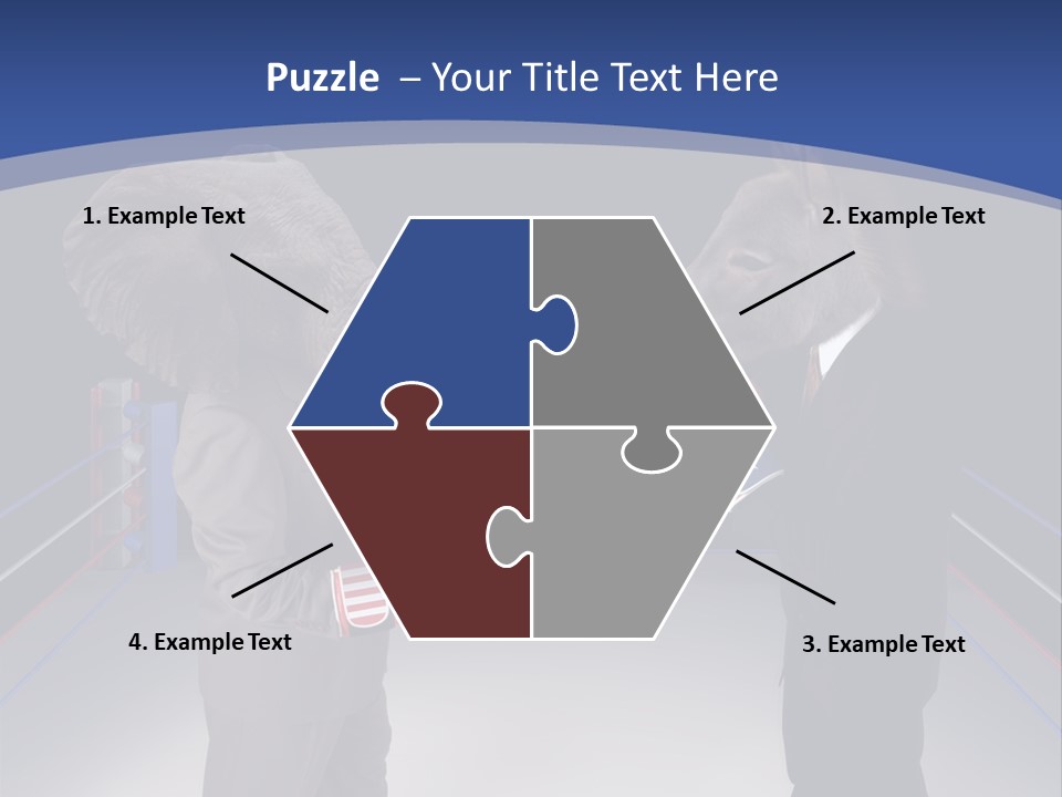 Us Republican And Democrat Mascots Represented By A Donkey And An Elephant Face Off In A Boxing Ring In Business Suits With Red White And Blue Boxing Gloves. PowerPoint Template