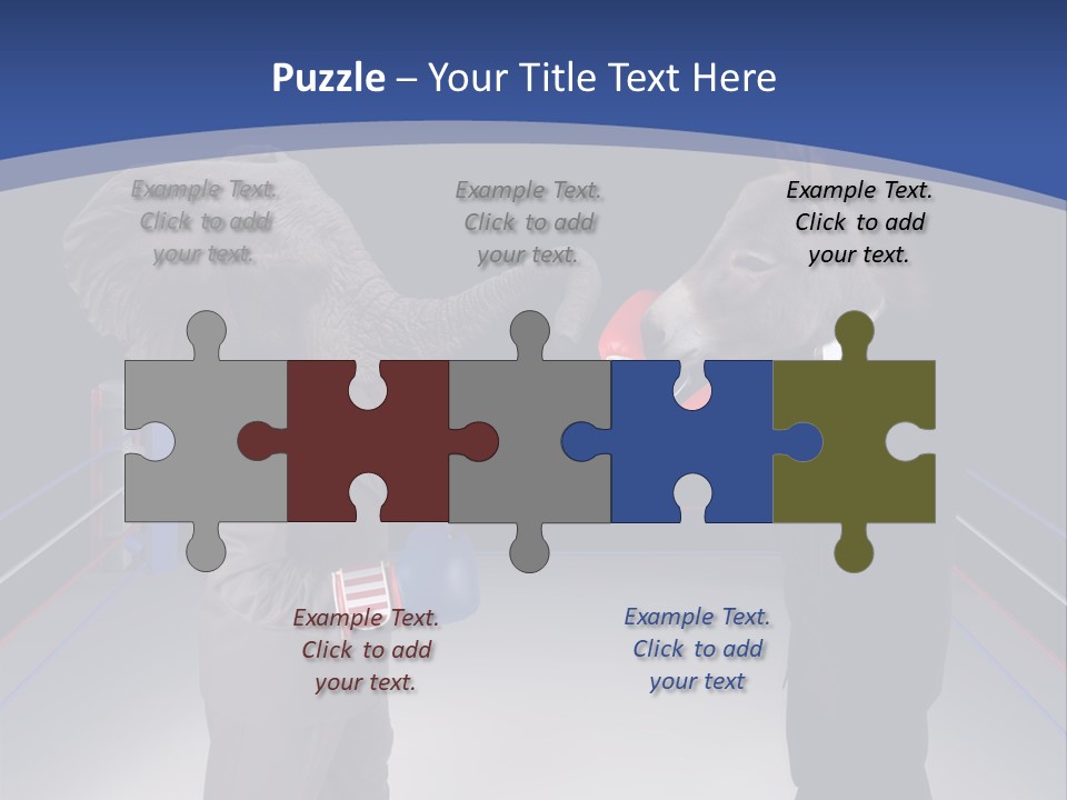 Us Republican And Democrat Mascots Represented By A Donkey And An Elephant Face Off In A Boxing Ring In Business Suits With Red White And Blue Boxing Gloves. PowerPoint Template