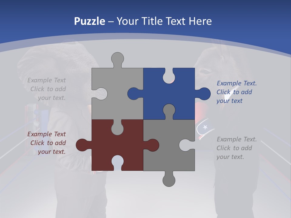Us Republican And Democrat Mascots Represented By A Donkey And An Elephant Face Off In A Boxing Ring In Business Suits With Red White And Blue Boxing Gloves. PowerPoint Template