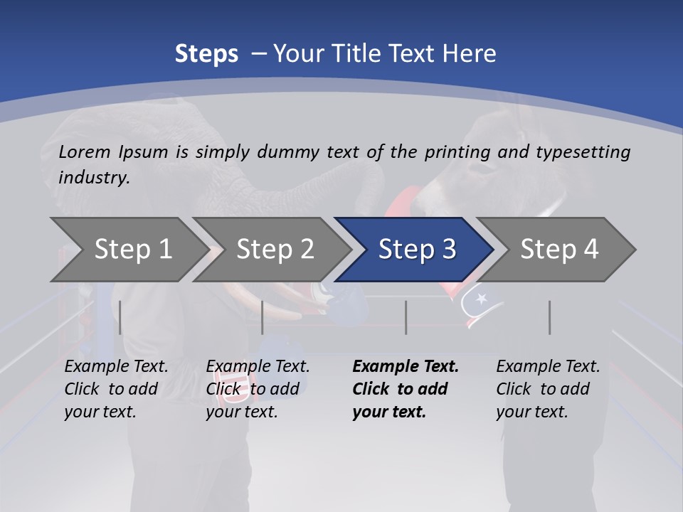 Us Republican And Democrat Mascots Represented By A Donkey And An Elephant Face Off In A Boxing Ring In Business Suits With Red White And Blue Boxing Gloves. PowerPoint Template