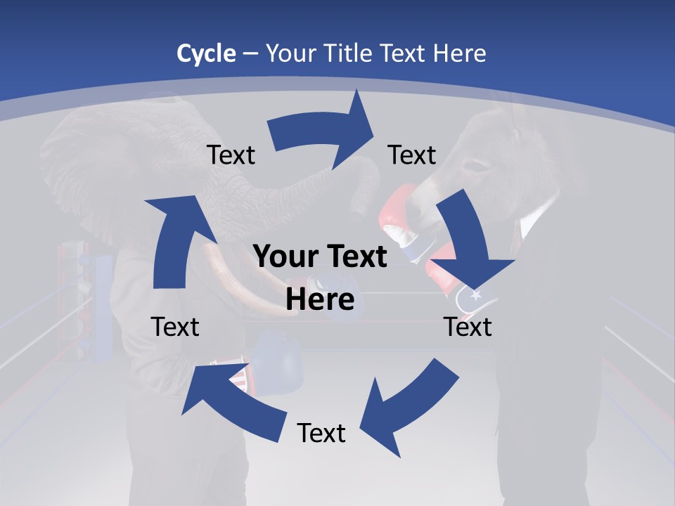 Us Republican And Democrat Mascots Represented By A Donkey And An Elephant Face Off In A Boxing Ring In Business Suits With Red White And Blue Boxing Gloves. PowerPoint Template