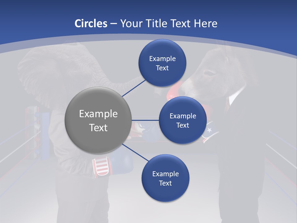 Us Republican And Democrat Mascots Represented By A Donkey And An Elephant Face Off In A Boxing Ring In Business Suits With Red White And Blue Boxing Gloves. PowerPoint Template