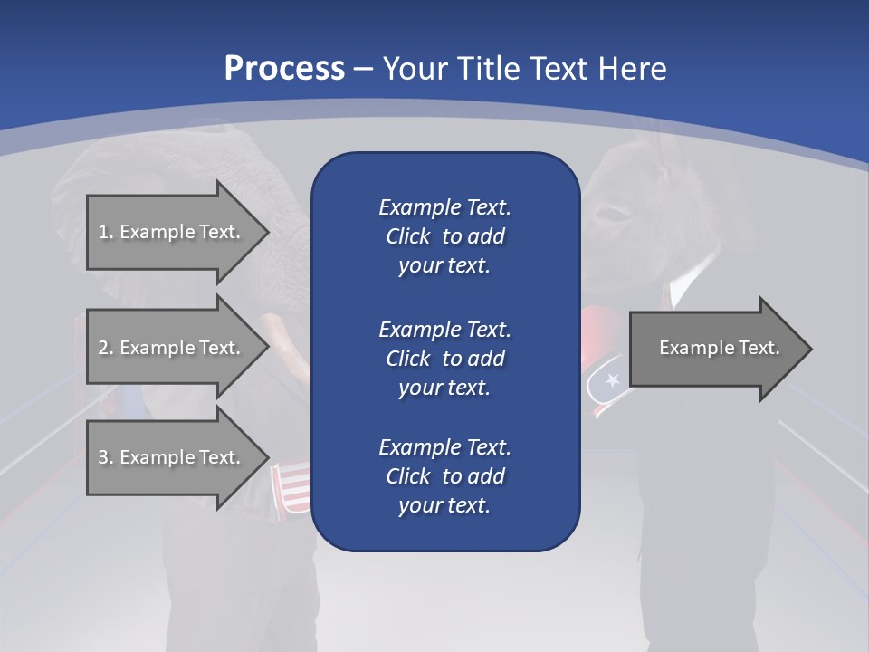 Us Republican And Democrat Mascots Represented By A Donkey And An Elephant Face Off In A Boxing Ring In Business Suits With Red White And Blue Boxing Gloves. PowerPoint Template