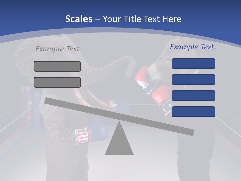 Us Republican And Democrat Mascots Represented By A Donkey And An Elephant Face Off In A Boxing Ring In Business Suits With Red White And Blue Boxing Gloves. PowerPoint Template