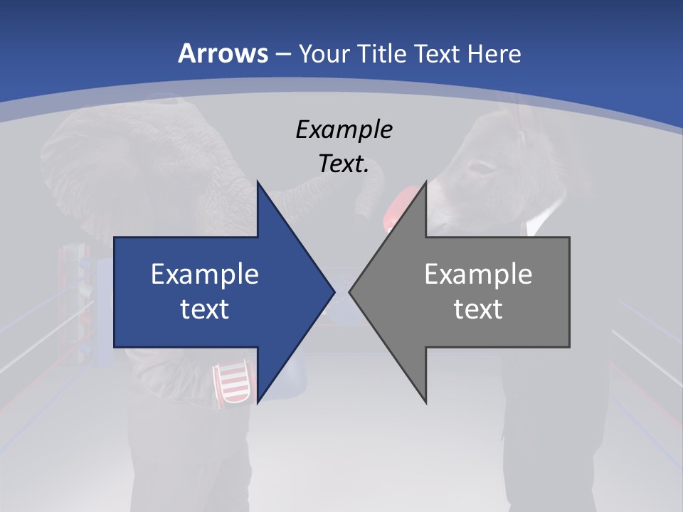 Us Republican And Democrat Mascots Represented By A Donkey And An Elephant Face Off In A Boxing Ring In Business Suits With Red White And Blue Boxing Gloves. PowerPoint Template
