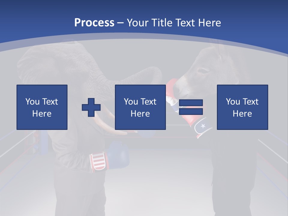 Us Republican And Democrat Mascots Represented By A Donkey And An Elephant Face Off In A Boxing Ring In Business Suits With Red White And Blue Boxing Gloves. PowerPoint Template