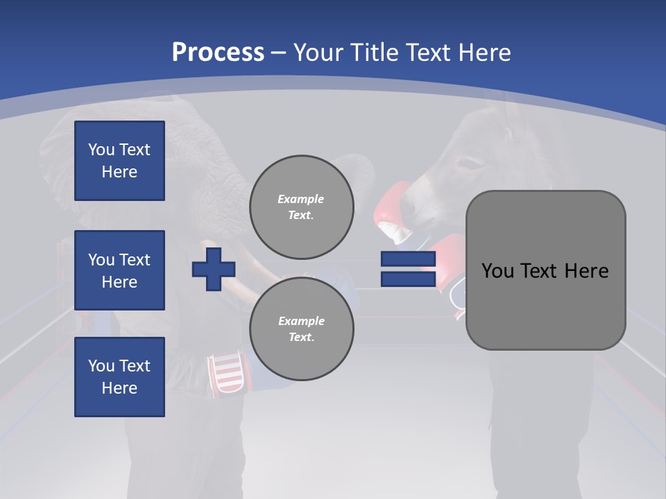 Us Republican And Democrat Mascots Represented By A Donkey And An Elephant Face Off In A Boxing Ring In Business Suits With Red White And Blue Boxing Gloves. PowerPoint Template
