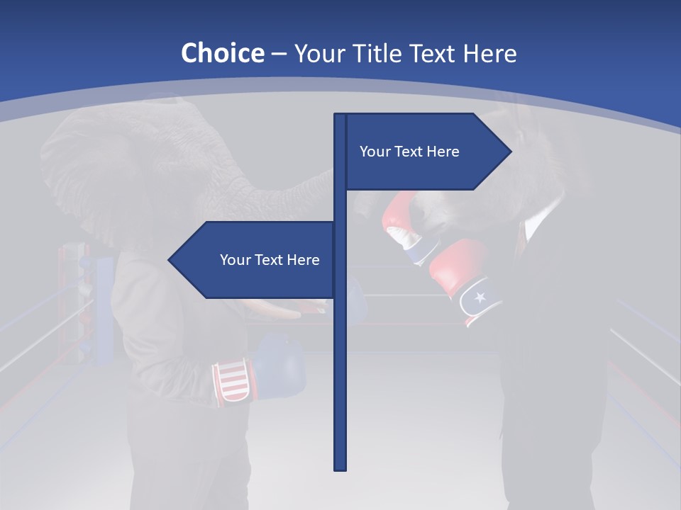 Us Republican And Democrat Mascots Represented By A Donkey And An Elephant Face Off In A Boxing Ring In Business Suits With Red White And Blue Boxing Gloves. PowerPoint Template