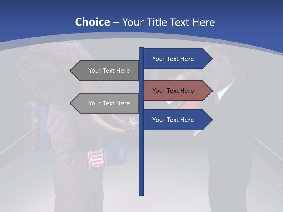 Us Republican And Democrat Mascots Represented By A Donkey And An Elephant Face Off In A Boxing Ring In Business Suits With Red White And Blue Boxing Gloves. PowerPoint Template