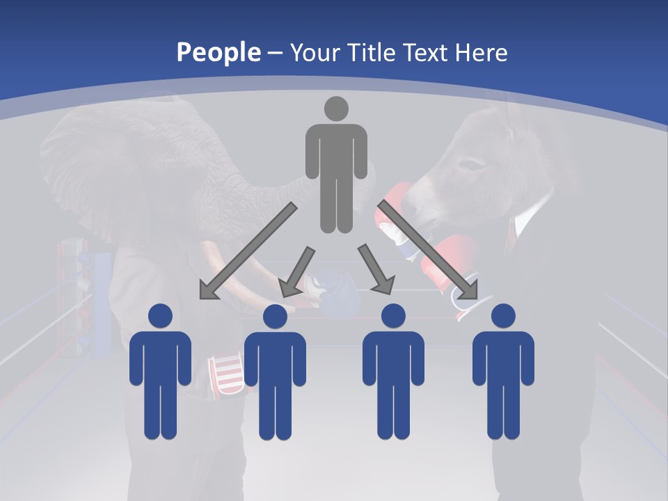 Us Republican And Democrat Mascots Represented By A Donkey And An Elephant Face Off In A Boxing Ring In Business Suits With Red White And Blue Boxing Gloves. PowerPoint Template