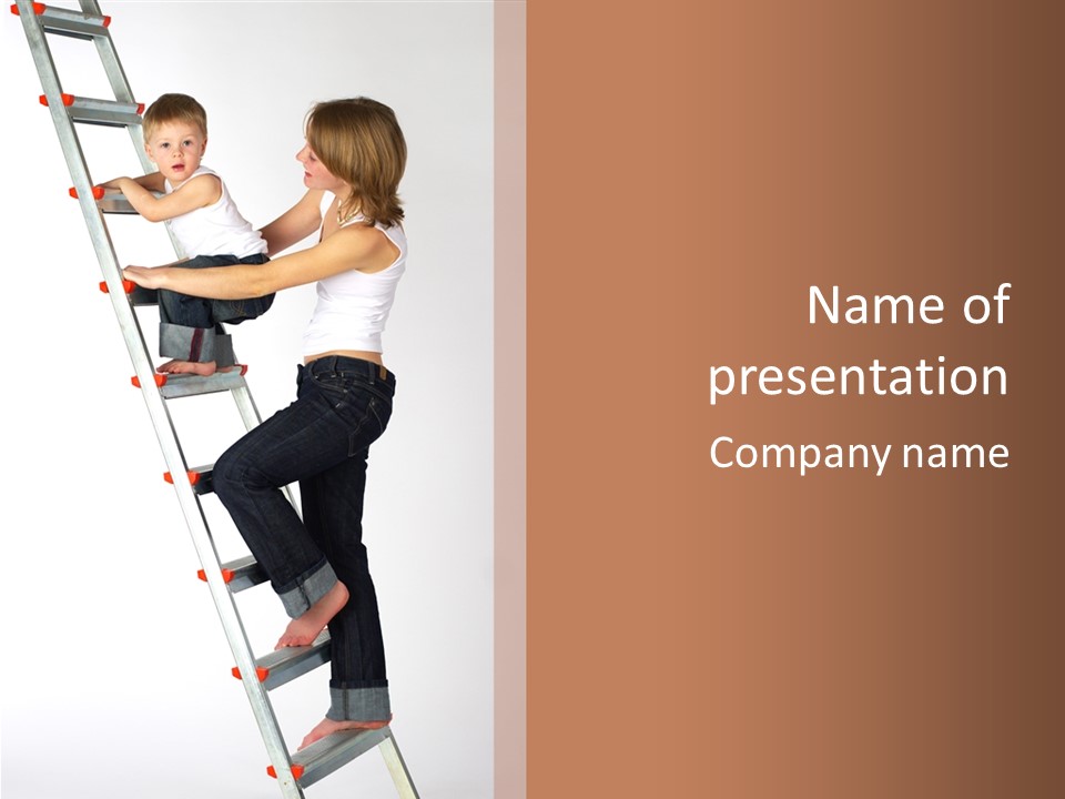 Isolated Blonde Mother And Blond Son On A Step-Ladder PowerPoint Template