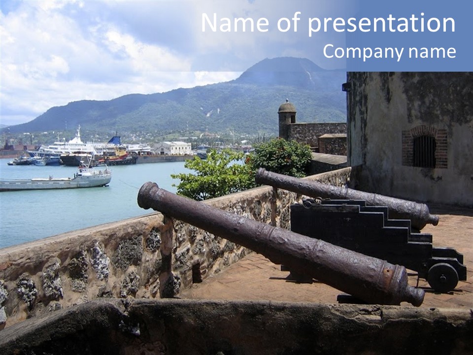 Old Cannons At San Felipe Fortress Overlooking Puerto Plata Port. Dominican Republic. PowerPoint Template