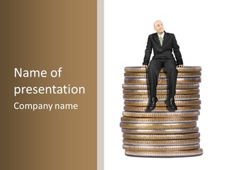 Business Man Sitting On Stack Of Coins PowerPoint Template