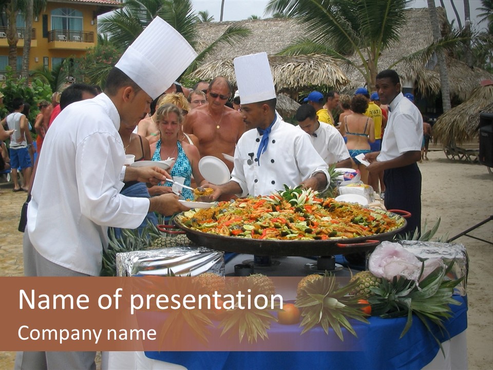 A Group Of People Standing Around A Table With Food On It PowerPoint Template