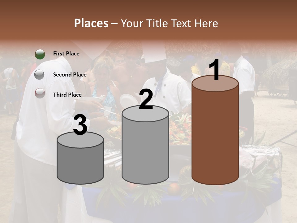 A Group Of People Standing Around A Table With Food On It PowerPoint Template