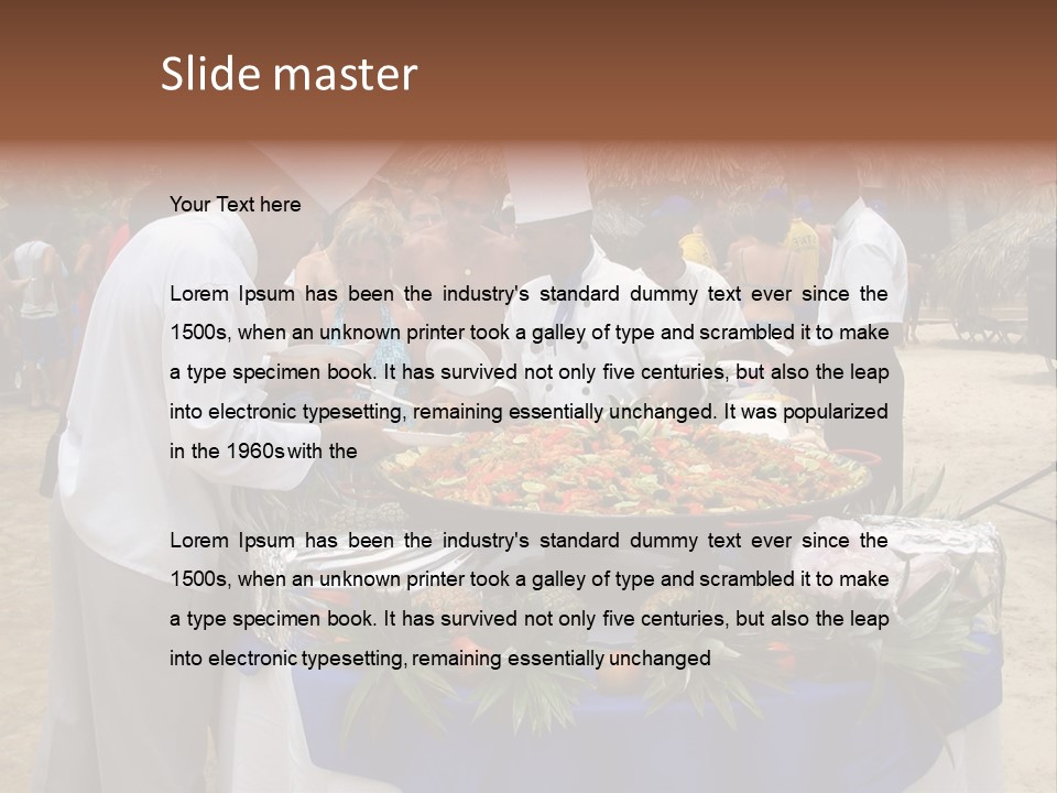 A Group Of People Standing Around A Table With Food On It PowerPoint Template