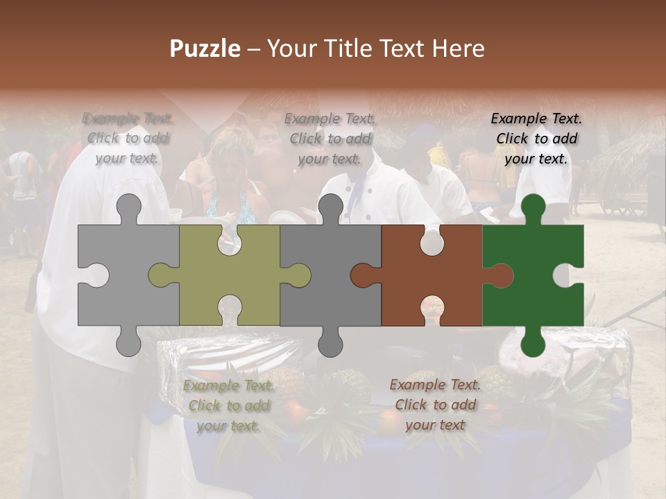 A Group Of People Standing Around A Table With Food On It PowerPoint Template