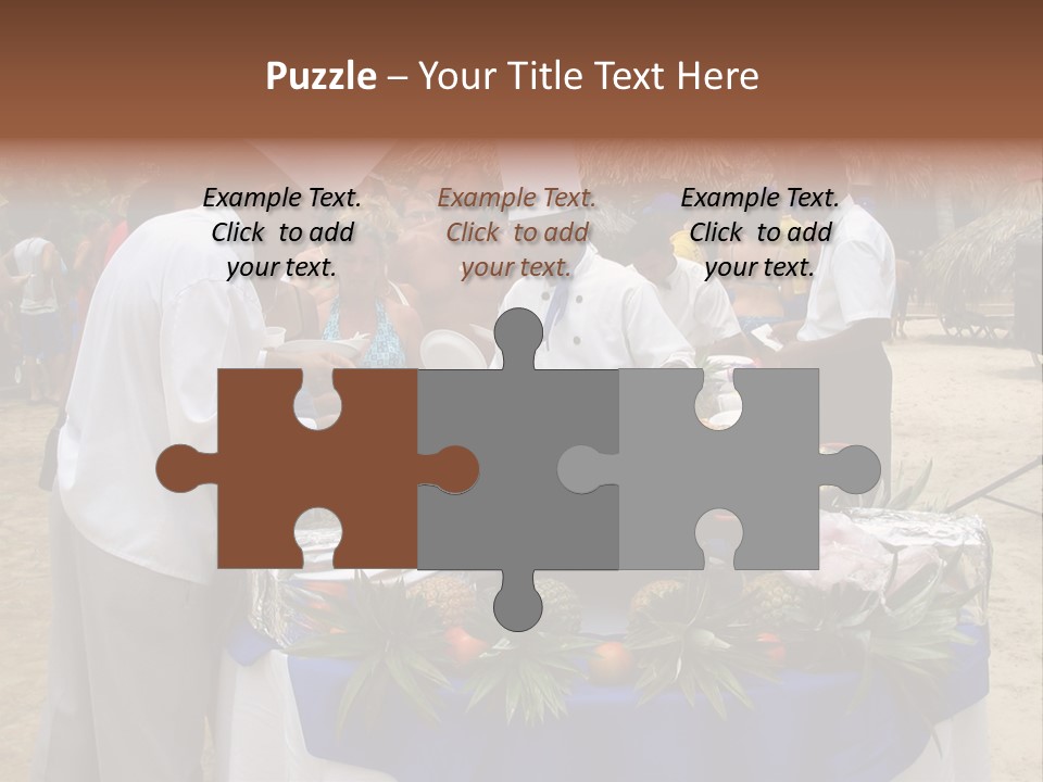 A Group Of People Standing Around A Table With Food On It PowerPoint Template