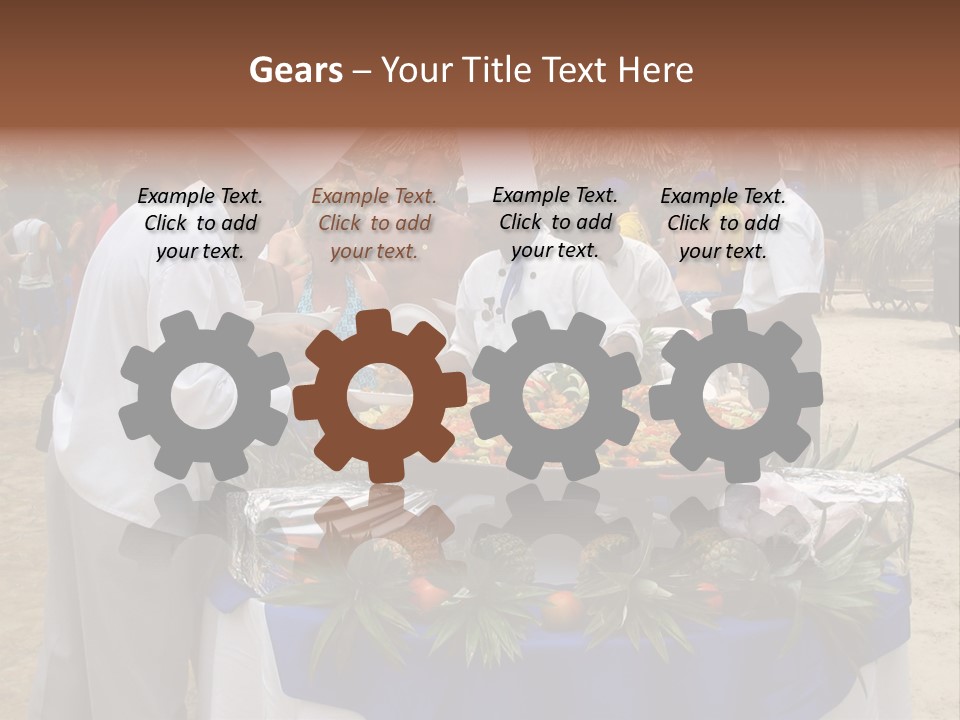 A Group Of People Standing Around A Table With Food On It PowerPoint Template