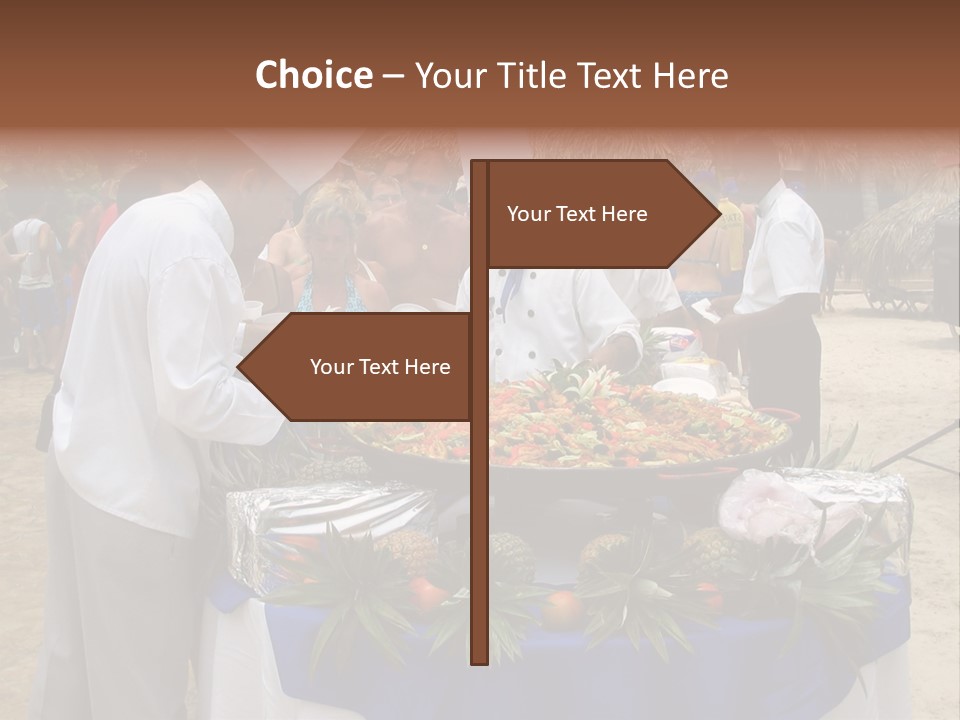 A Group Of People Standing Around A Table With Food On It PowerPoint Template