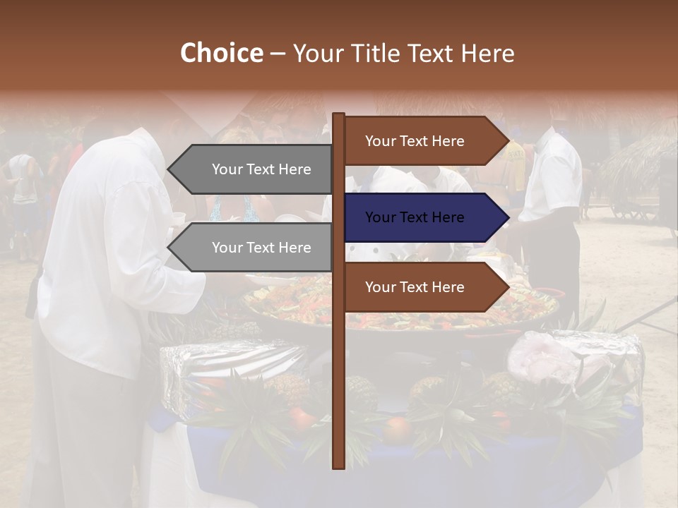 A Group Of People Standing Around A Table With Food On It PowerPoint Template