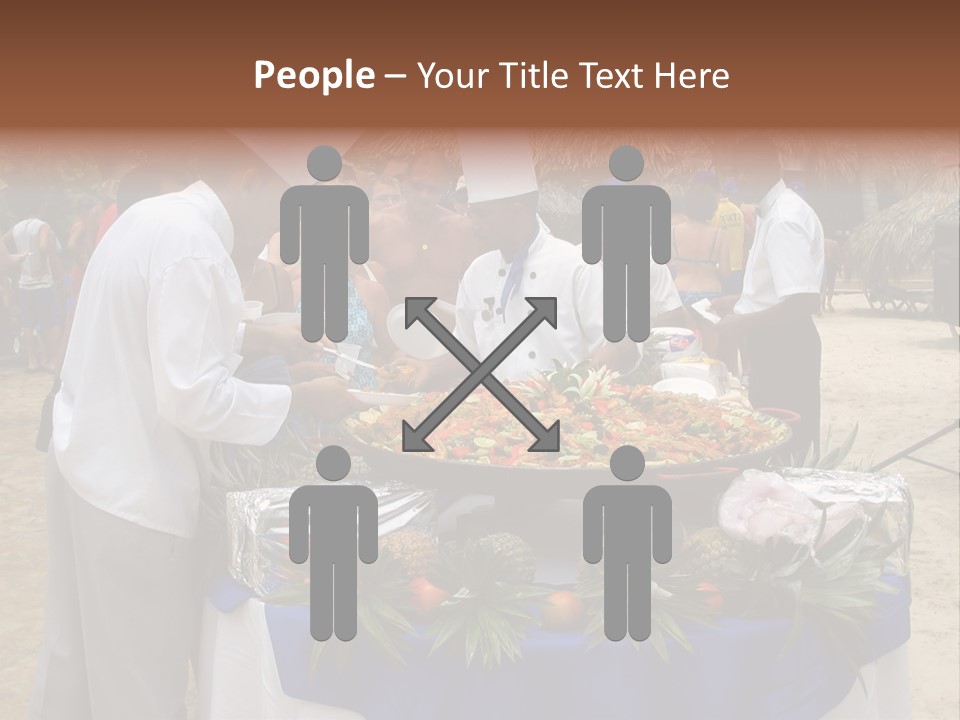 A Group Of People Standing Around A Table With Food On It PowerPoint Template