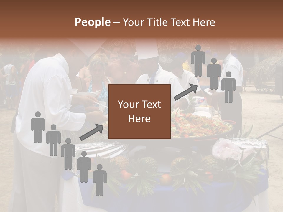 A Group Of People Standing Around A Table With Food On It PowerPoint Template