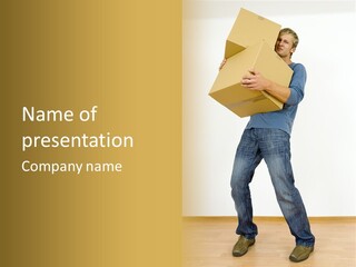 Tired Young Man Holding Cardboards. Looking At Camera. Gray Background, Whole Body PowerPoint Template