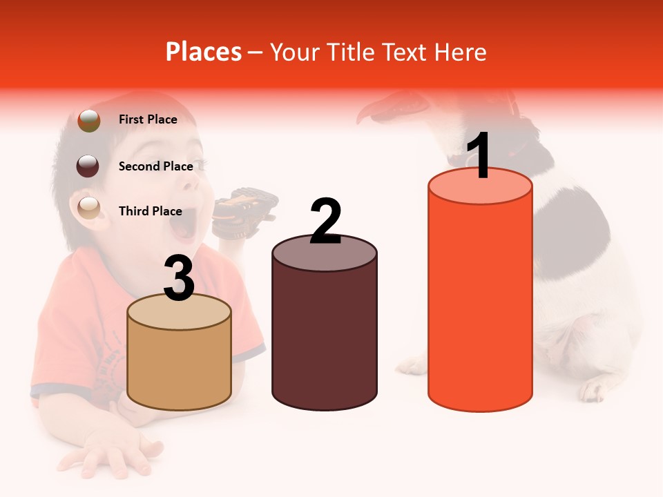 Toddler Boy On Floor Playing With Dog. Shot In Studio Over White. PowerPoint Template