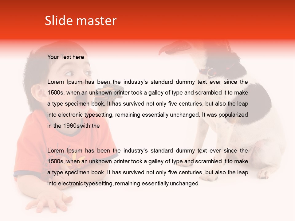 Toddler Boy On Floor Playing With Dog. Shot In Studio Over White. PowerPoint Template