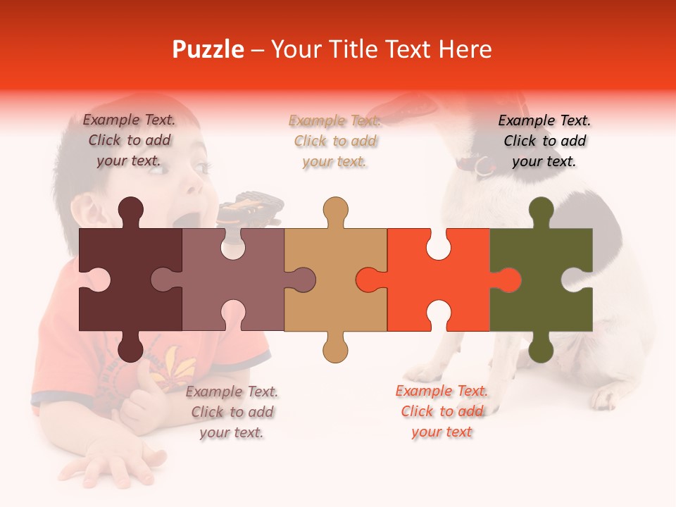 Toddler Boy On Floor Playing With Dog. Shot In Studio Over White. PowerPoint Template