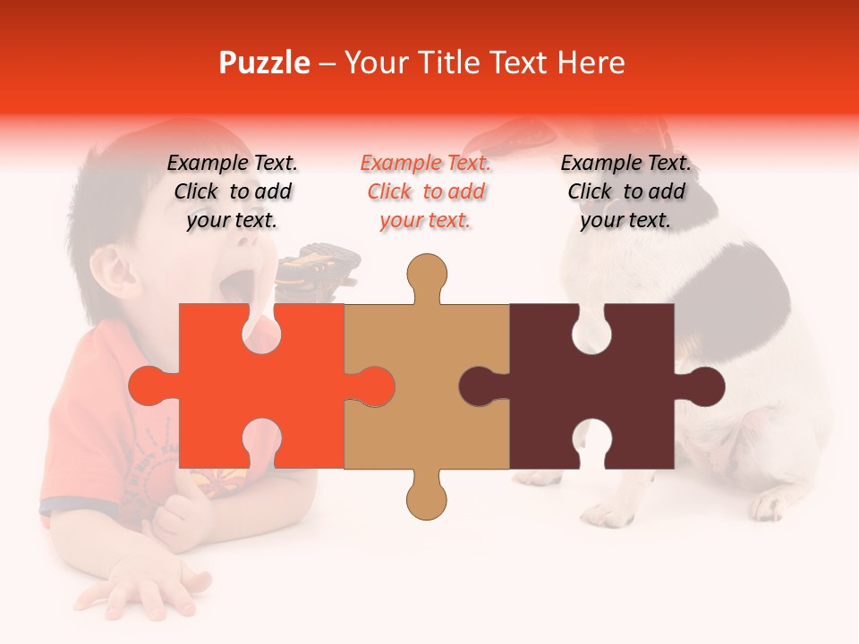 Toddler Boy On Floor Playing With Dog. Shot In Studio Over White. PowerPoint Template