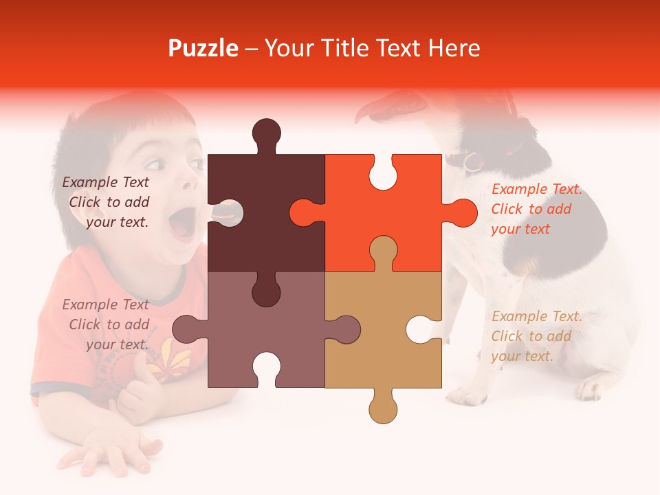 Toddler Boy On Floor Playing With Dog. Shot In Studio Over White. PowerPoint Template