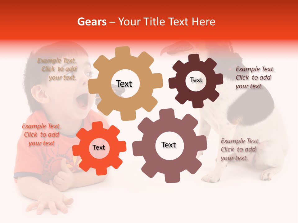 Toddler Boy On Floor Playing With Dog. Shot In Studio Over White. PowerPoint Template