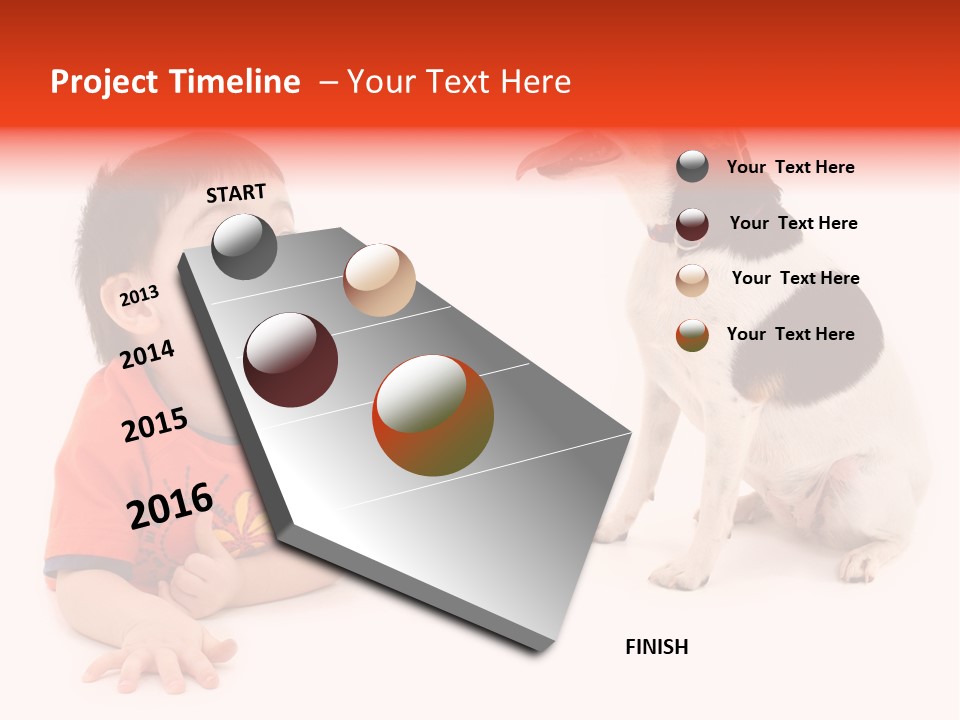 Toddler Boy On Floor Playing With Dog. Shot In Studio Over White. PowerPoint Template