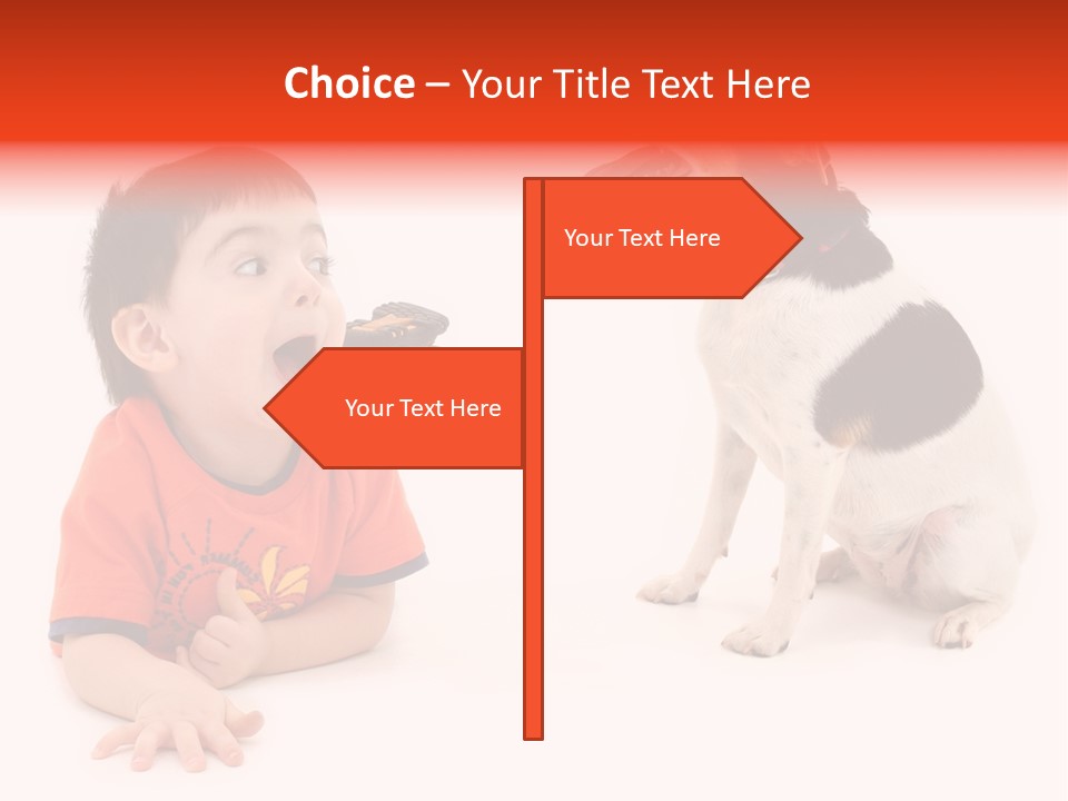 Toddler Boy On Floor Playing With Dog. Shot In Studio Over White. PowerPoint Template