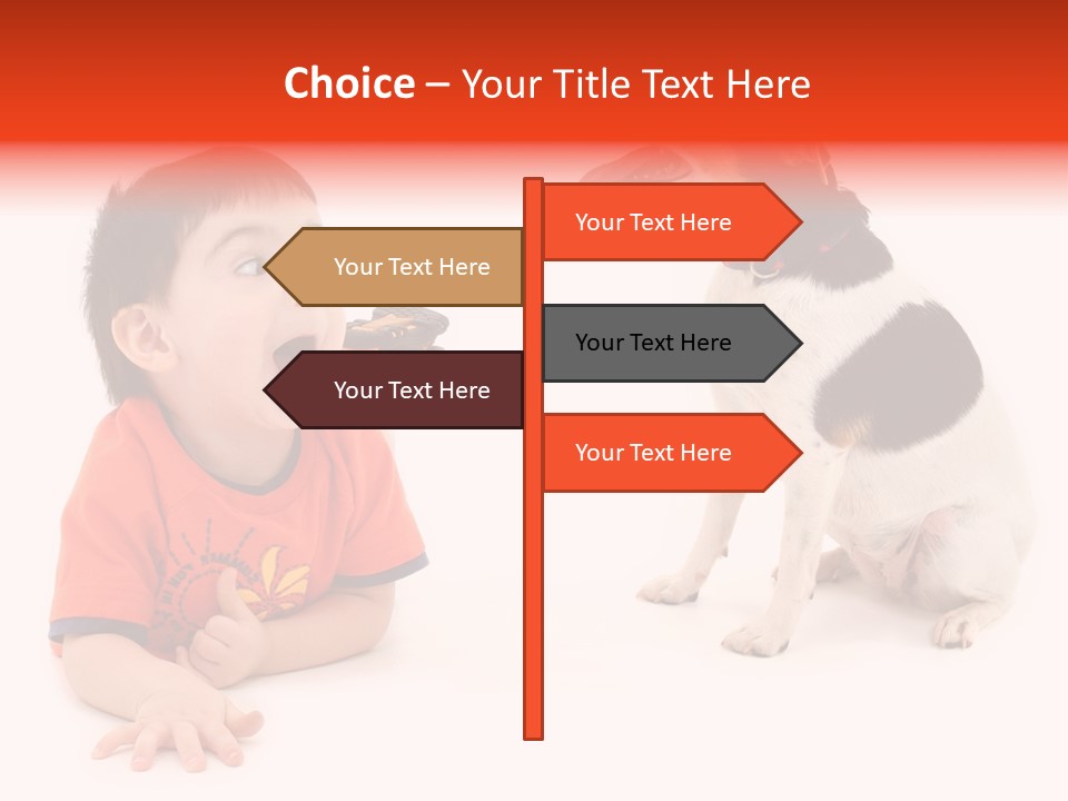 Toddler Boy On Floor Playing With Dog. Shot In Studio Over White. PowerPoint Template