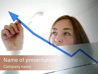 Business Woman Drawing A Graph On A Glass Window In An Office - Focus Is On Graph PowerPoint Template