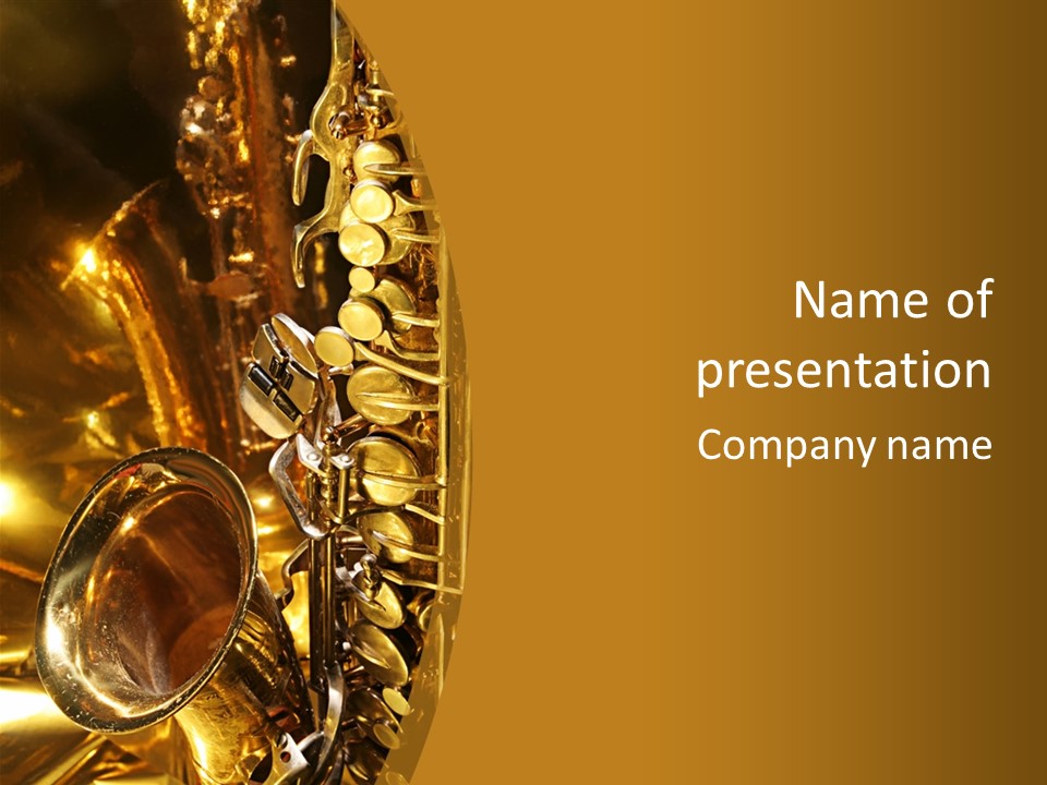 Warm And Golden Lite Saxophone Against Reflective Background With Copy Space PowerPoint Template