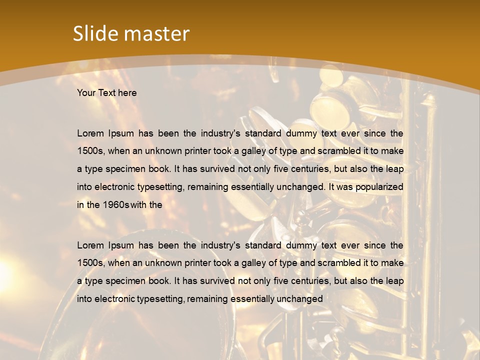 Warm And Golden Lite Saxophone Against Reflective Background With Copy Space PowerPoint Template