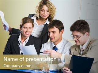 Group Of People Sitting At A Blue Table And Discussing Business Questions PowerPoint Template