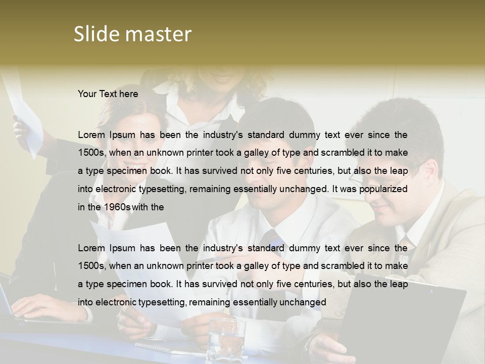 Group Of People Sitting At A Blue Table And Discussing Business Questions PowerPoint Template