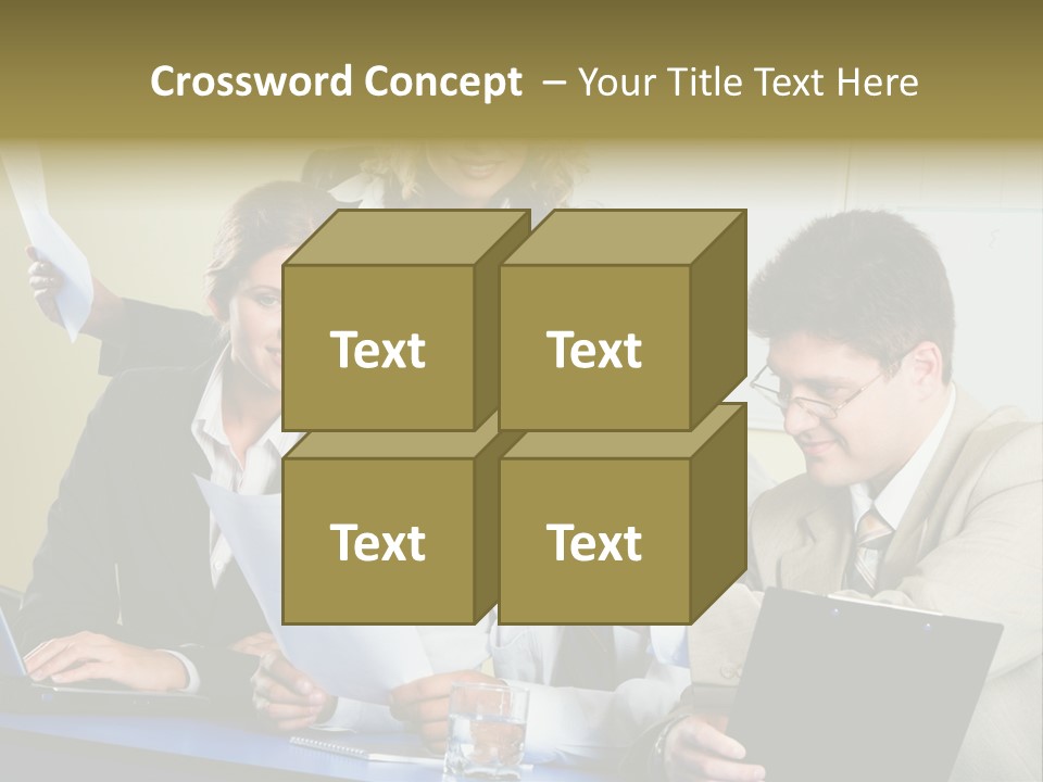 Group Of People Sitting At A Blue Table And Discussing Business Questions PowerPoint Template