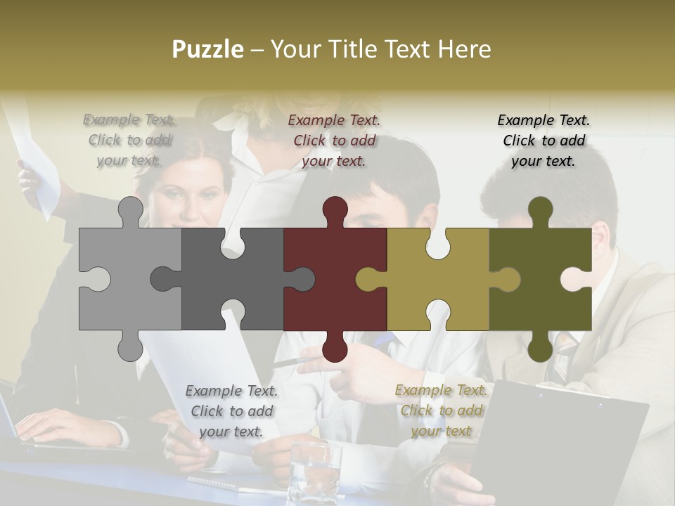 Group Of People Sitting At A Blue Table And Discussing Business Questions PowerPoint Template