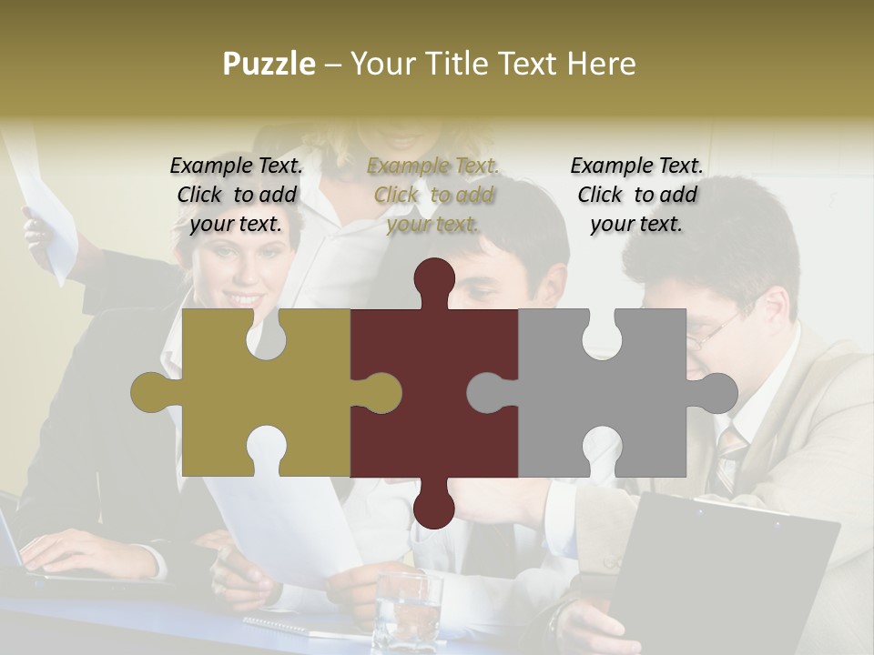 Group Of People Sitting At A Blue Table And Discussing Business Questions PowerPoint Template